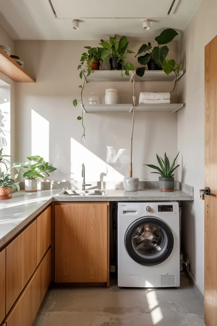 Ein clever gestalteter Raum, in dem eine moderne Waschmaschine dezent integriert ist, um Platz zu sparen und Ordnung zu schaffen.