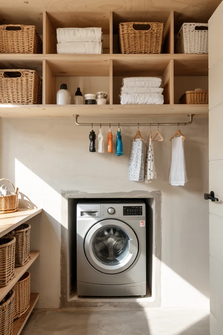 Ein praktischer Aufbewahrungsort für Haushaltsgeräte, der eine Waschmaschine dezent integriert und den Raum optimal nutzt.