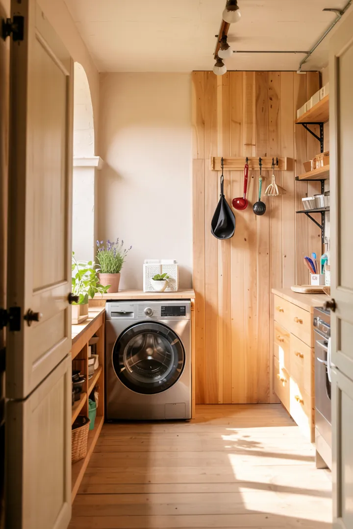 Ein praktischer Raum mit cleverem Stauraum, in dem eine Haushaltsmaschine unauffällig integriert ist, um Ordnung zu schaffen und Platz zu sparen.