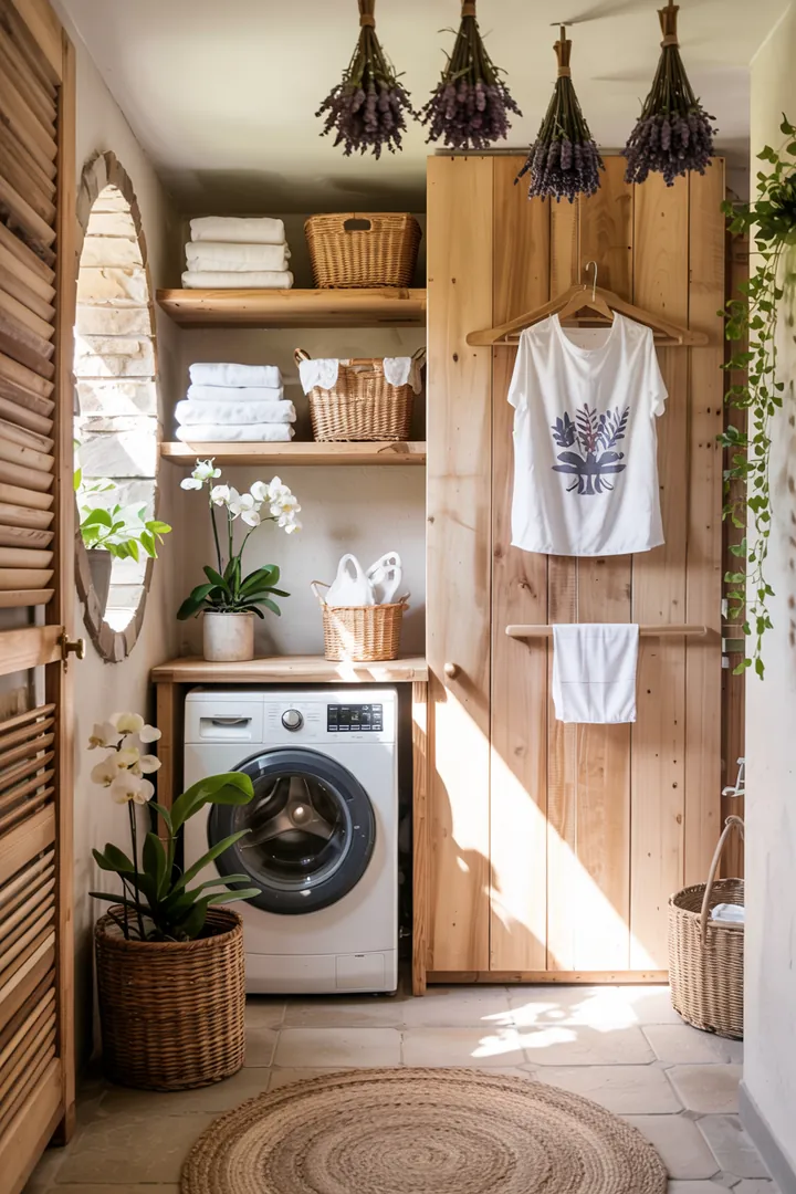 Bild einer cleveren Raumnutzung: Eine elegante Abstellkammer, in der ein Haushaltsgerät geschickt integriert ist und unauffällig versteckt wird. Ideal für kleine Wohnungen.