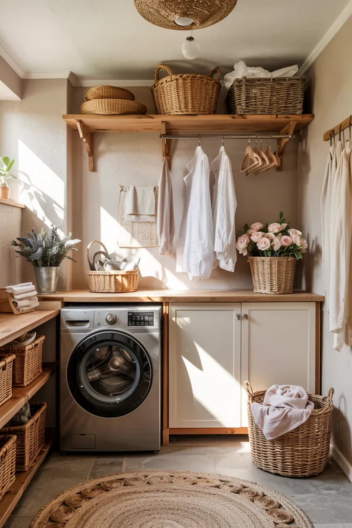 Ein praktischer Raum mit einem cleveren Stauraum, wo ein Haushaltsgerät unauffällig integriert ist, um Ordnung zu schaffen und Platz zu sparen.