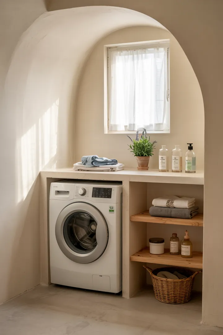 Eine stilvolle Abstellkammer mit einer modernen Waschmaschine, die geschickt in den Raum integriert ist und Platz spart.