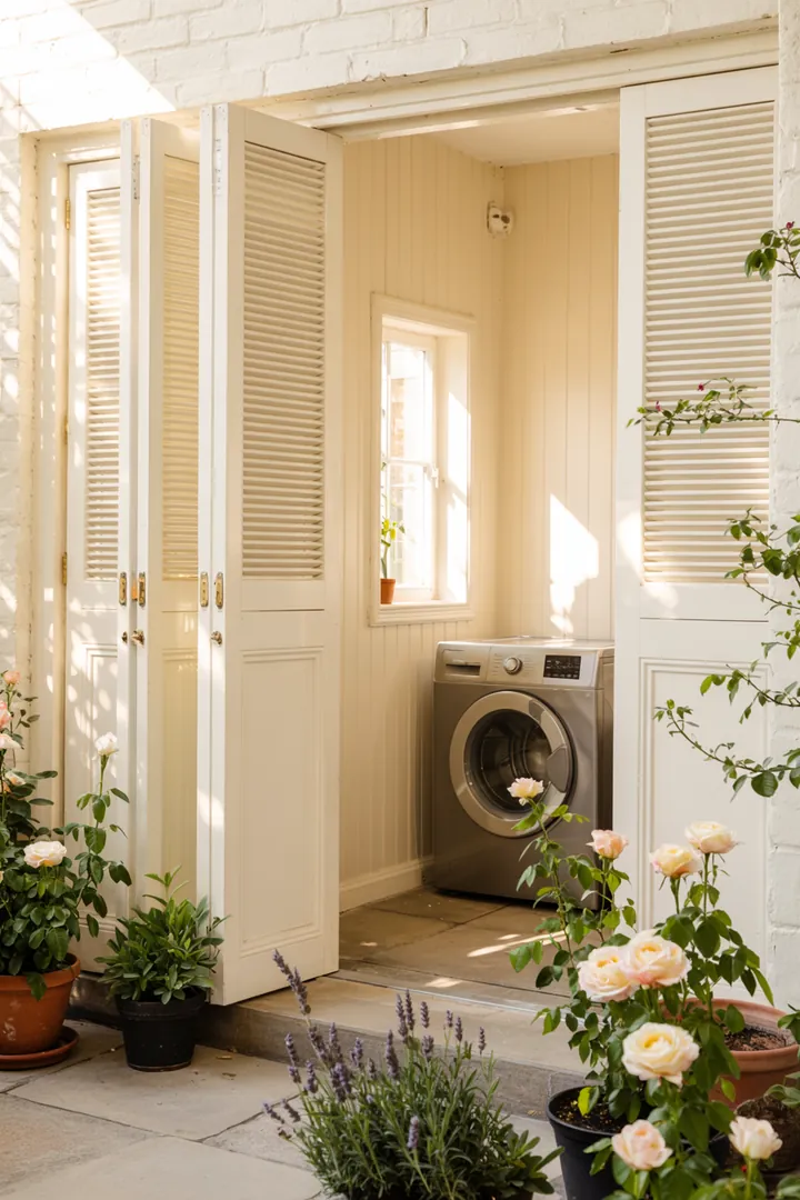 Ein stilvoller Stauraum mit einem cleveren Design, in dem eine moderne Waschmaschine geschickt integriert ist, um Platz zu sparen.