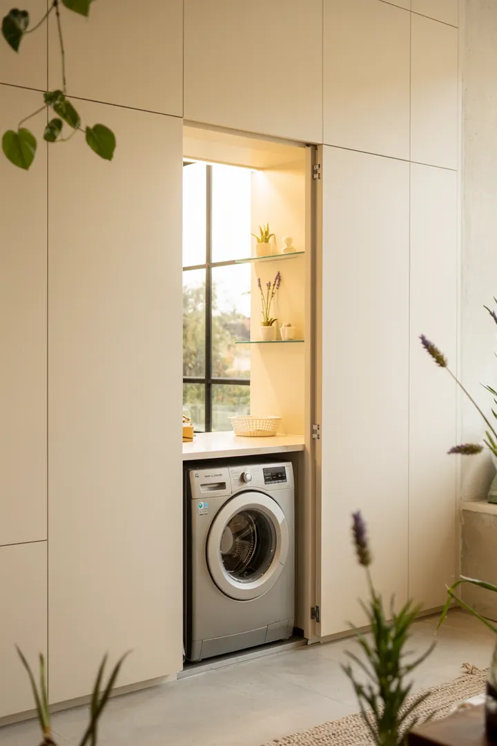 Ein praktischer Raum, in dem eine Haushaltsmaschine diskret verstaut ist, sorgt für Ordnung und vielseitige Nutzungsmöglichkeiten.