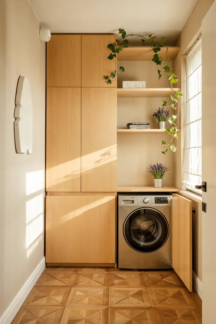 Ein eleganter Raum mit integriertem Waschbereich, der harmonisch in die Garderobe eingefügt ist, bietet eine praktische und stilvolle Lösung für die Wäschepflege.