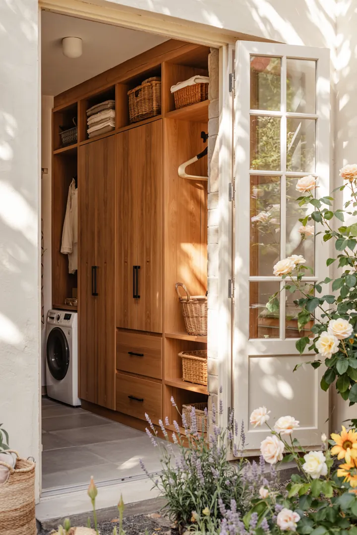 Ein stilvoller Raum, in dem eine moderne Waschmaschine geschickt in einem Schrank integriert ist, schafft Ordnung und nutzt den Platz optimal.