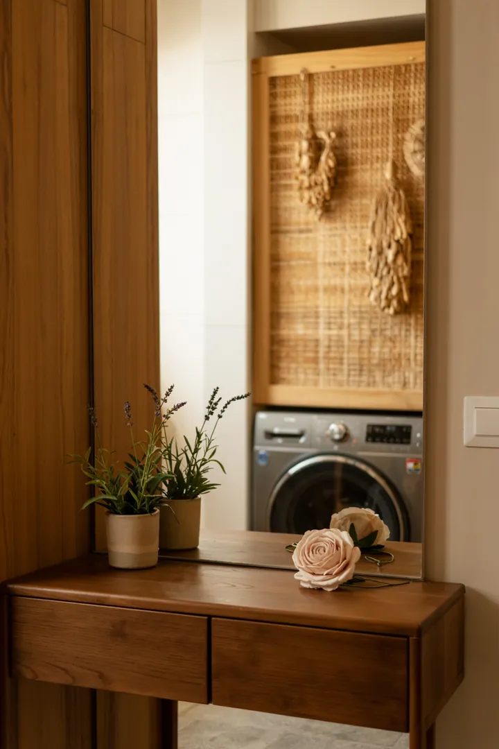 Ein stilvoller Raum mit cleverem Stauraum, in dem ein Haushaltsgerät unauffällig integriert ist, sorgt für Ordnung und Eleganz. Ideal für moderne Wohnkonzepte.