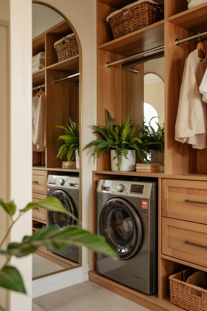 Ein stilvoller Raum, in dem ein Haushaltsgerät geschickt integriert ist, um Ordnung und Ästhetik zu vereinen. Ideal für kleine Wohnungen.
