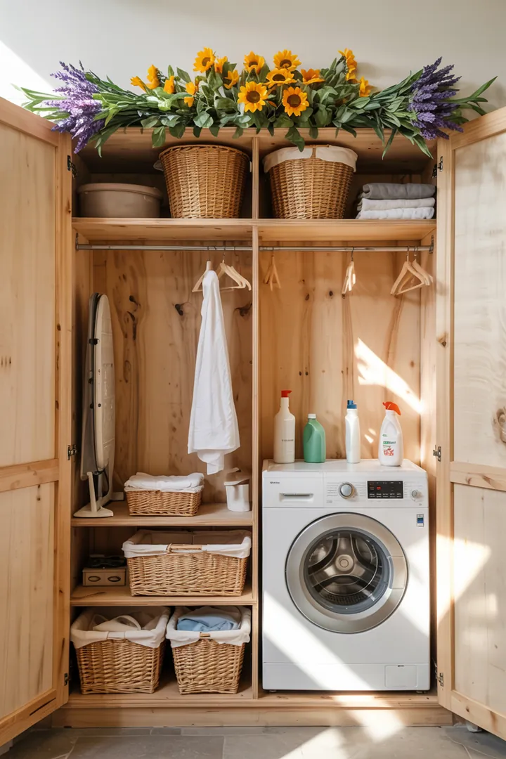 Ein stilvoller Raum mit einem cleveren Stauraum, in dem ein Haushaltsgerät unauffällig integriert ist, um Ordnung zu schaffen.