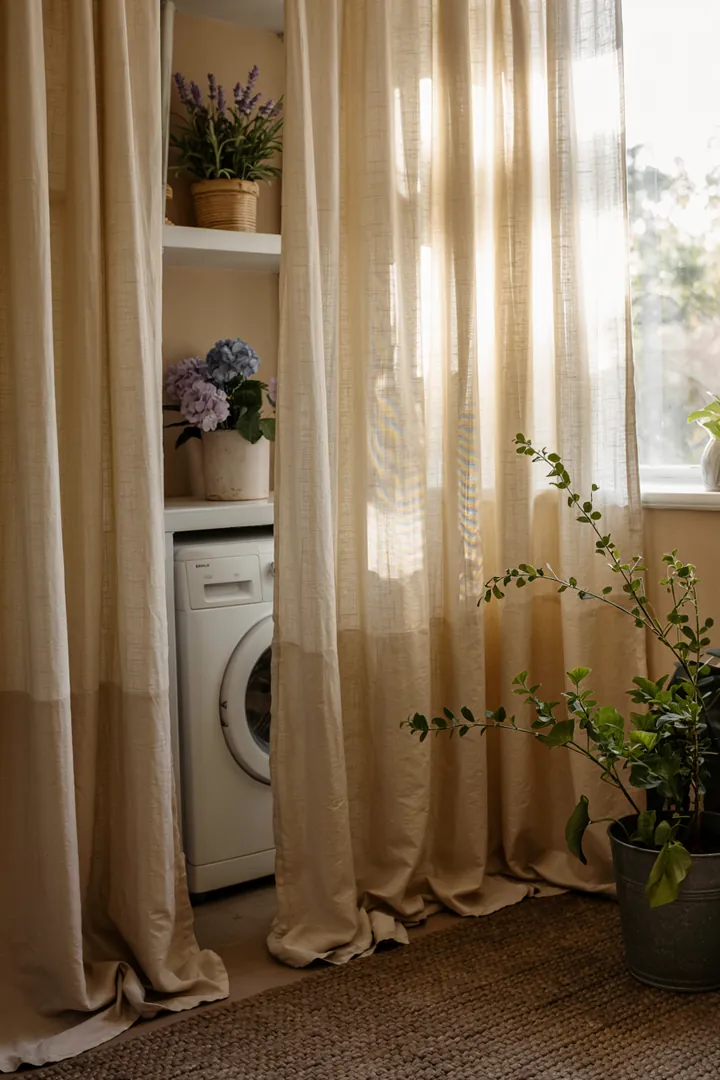 Ein stilvoller Raum mit einem cleveren Möbelstück, das eine Haushaltsmaschine verbirgt und Ordnung schafft. Optimale Lösung für kleine Wohnräume.