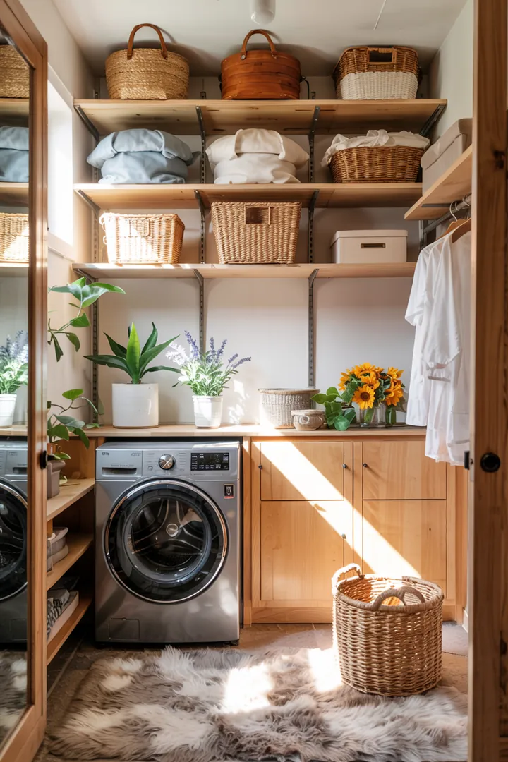 Ein stilvoller Raum mit einem cleveren Möbelstück, das eine Haushaltsmaschine verbirgt und somit eine aufgeräumte Atmosphäre schafft. Ideal für kleine Wohnungen.