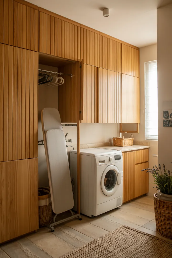 Ein stilvoll eingerichteter Raum mit einer clever integrierten Haushaltsmaschine, die geschickt in einem Möbelstück verborgen ist, sorgt für Ordnung und Eleganz.