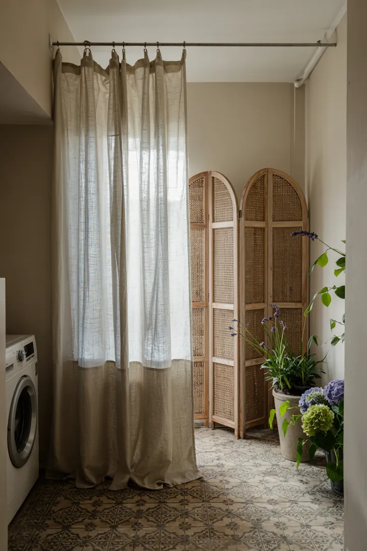 Ein stilvoller Raum mit cleverer Raumnutzung, in dem eine Haushaltsmaschine harmonisch in einem Schrank integriert ist, um Ordnung zu schaffen.