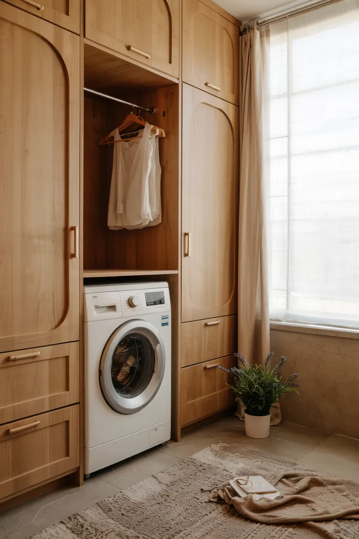 Elegante Garderobe mit clever integriertem Haushaltsgerät, das die Raumnutzung optimiert und für Ordnung sorgt. Ideal für platzsparende Lösungen.