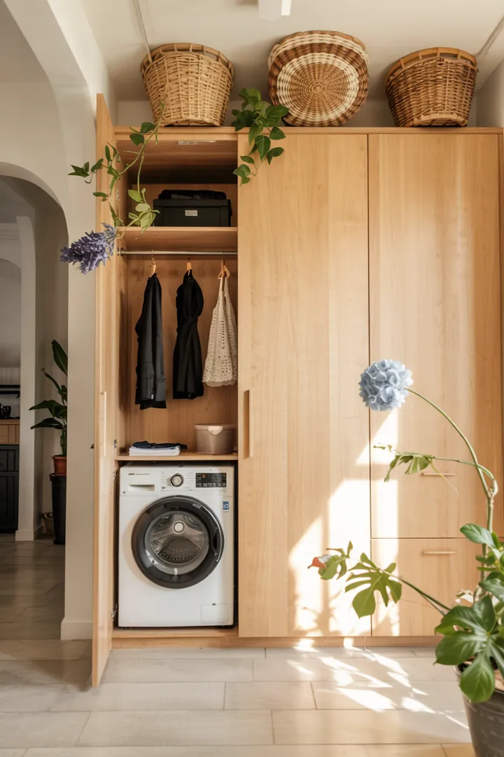 Eine stilvolle Garderobe mit clever integrierter Reinigungstechnik, die den Raum aufgeräumt und modern wirken lässt. Ideal für kleine Wohnungen.