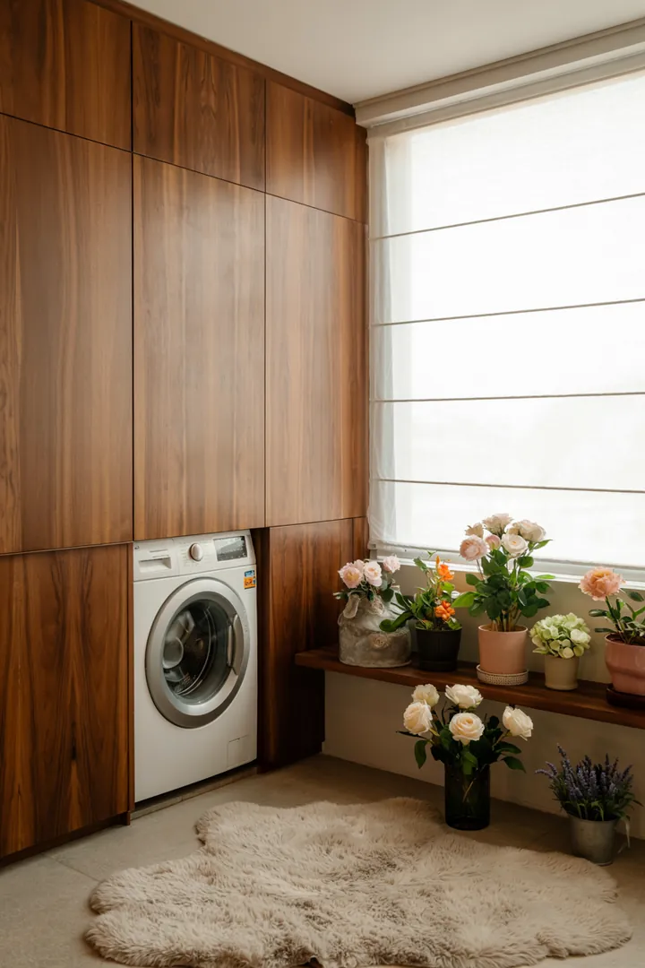 Ein stilvoller Raum, in dem eine moderne Waschmaschine geschickt in einem eleganten Schrank verborgen ist, bietet funktionale Eleganz und optimiert den Platz.