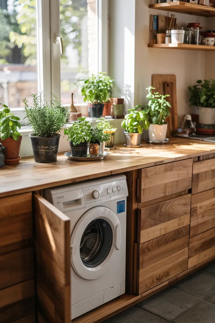 Ein elegantes Sideboard in einer modernen Küche, das geschickt die Waschmaschine integriert und so für eine aufgeräumte Atmosphäre sorgt.