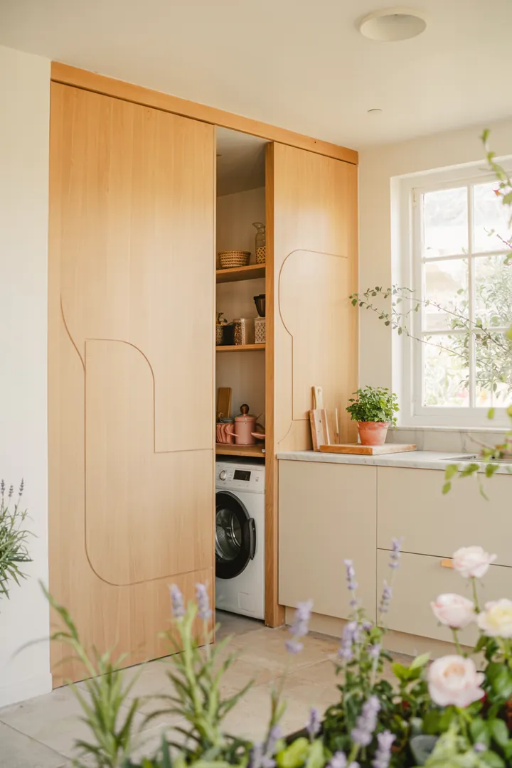 Ein elegantes Sideboard in der modernen Küche, das geschickt eine Waschmaschine integriert und somit den Raum aufgeräumt wirken lässt.