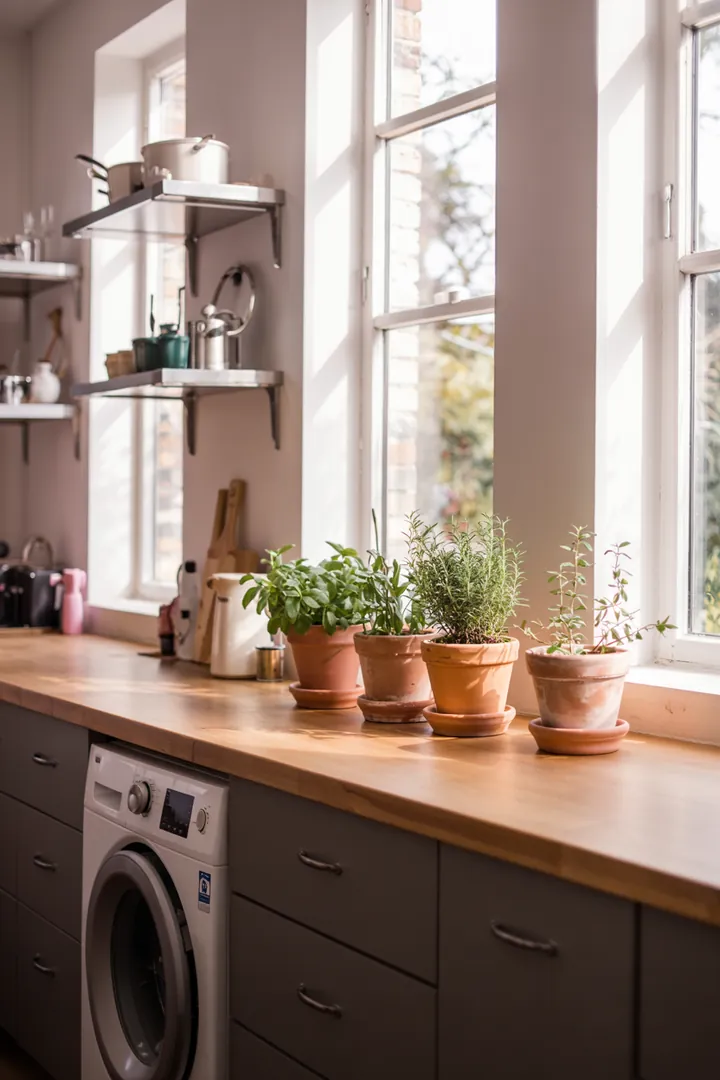 Ein elegantes Sideboard in einer modernen Küche, das geschickt eine Waschmaschine verbirgt und für Ordnung sorgt. Stilvolles Design und Funktionalität vereint.