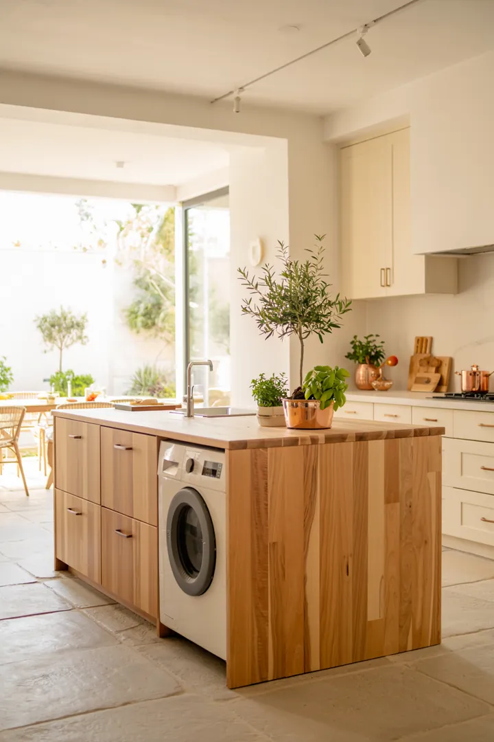 Ein elegantes Sideboard in einer modernen Küche, das geschickt eine Waschmaschine verbirgt und somit für Ordnung und Stil sorgt.