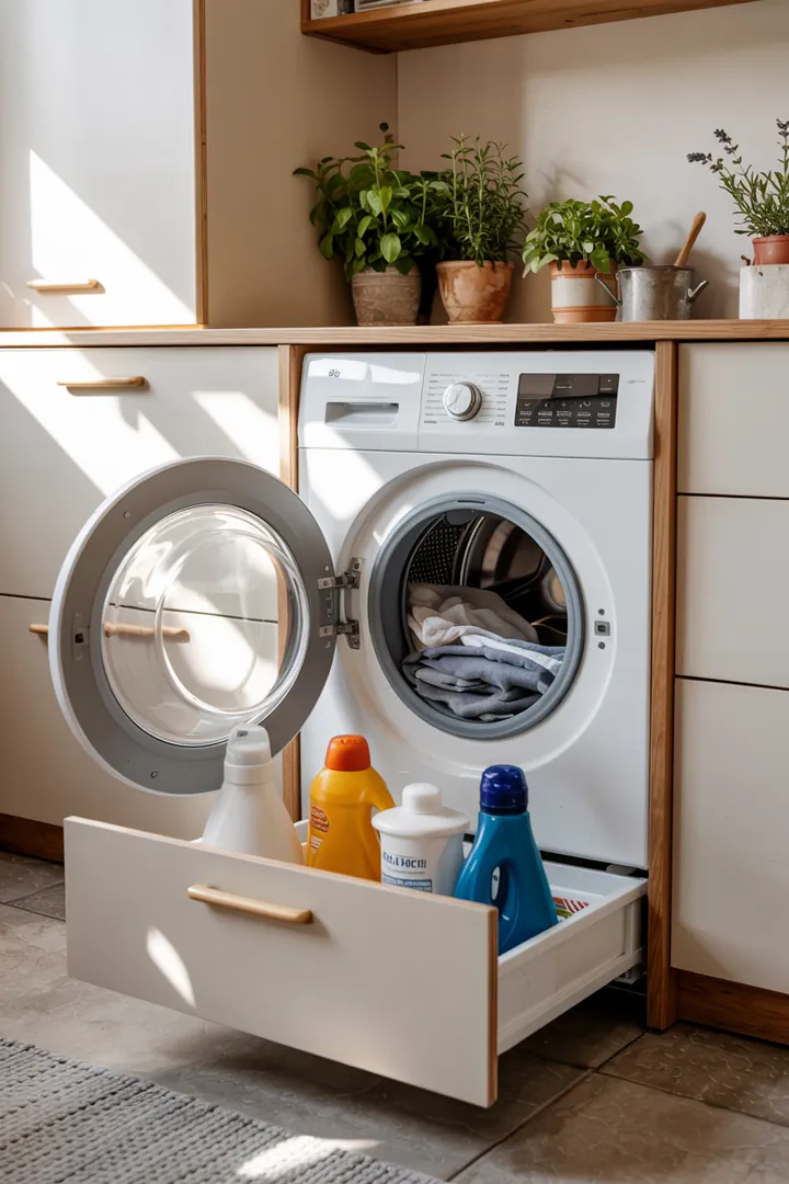Ein elegantes Sideboard, das geschickt eine Waschmaschine in der modernen Küche verbirgt, sorgt für Ordnung und Stil.