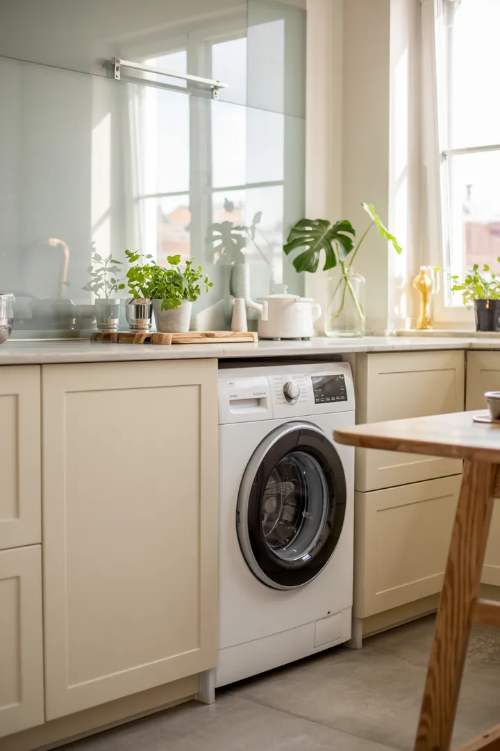 Ein elegantes Sideboard in einer modernen Küche, das geschickt eine Waschmaschine verbirgt und Platz für Küchenutensilien bietet.