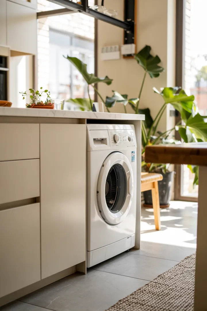 Ein elegantes Sideboard in einer modernen Küche, das geschickt eine Waschmaschine integriert und den Raum aufgeräumt erscheinen lässt.