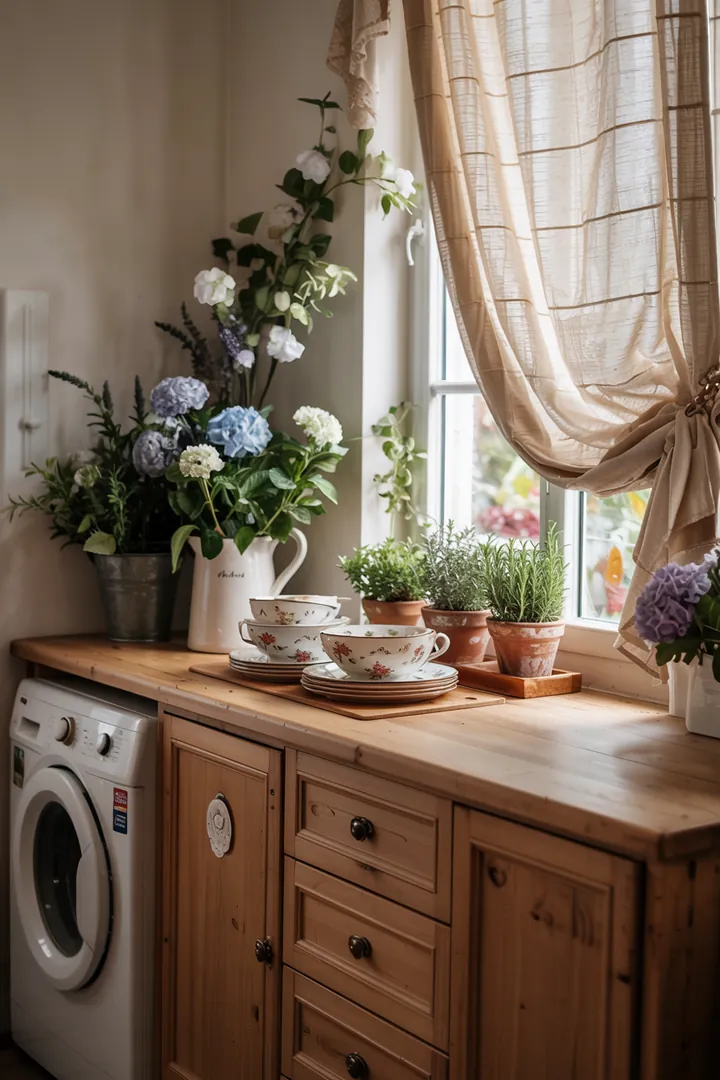 Innovative Lösung für die Küchenorganisation: Ein elegantes Sideboard, das geschickt eine Waschmaschine integriert und so den Raum aufgeräumt wirken lässt.