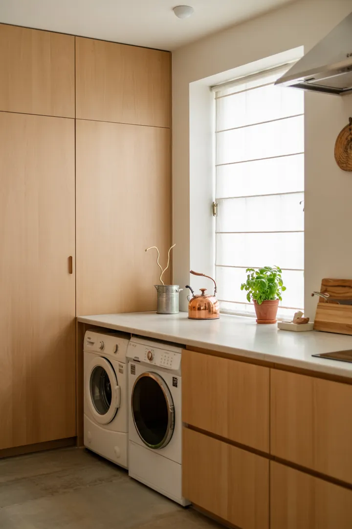 Ein stilvoller Küchenschrank, der geschickt eine moderne Waschmaschine verbirgt und dabei harmonisch in das Gesamtbild der Küche integriert ist.