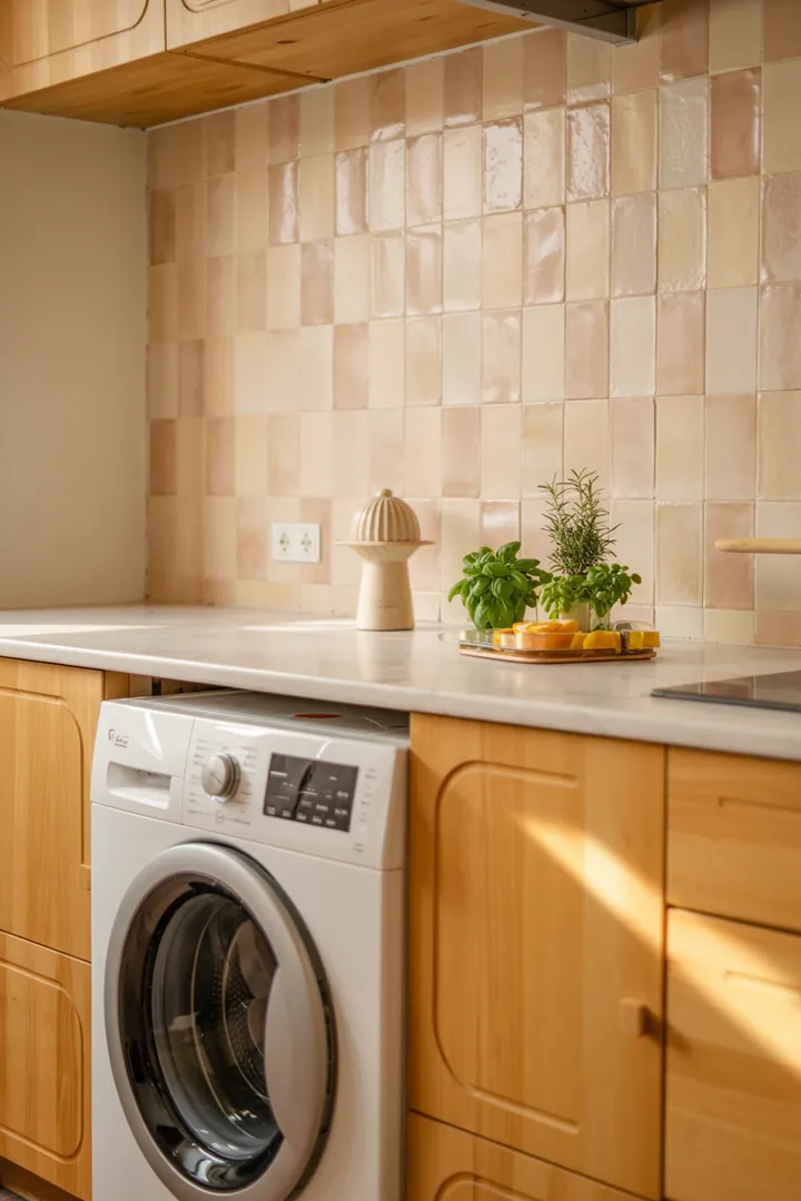 Ein stilvolles Sideboard in der modernen Küche, das geschickt eine Waschmaschine integriert und so für Ordnung und Ästhetik sorgt.