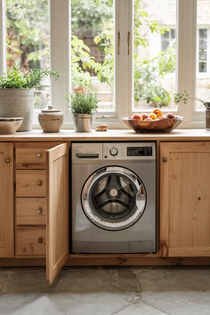 Ein elegantes Sideboard in der modernen Küche, das geschickt eine Waschmaschine verbirgt und so für Ordnung und Stil sorgt.