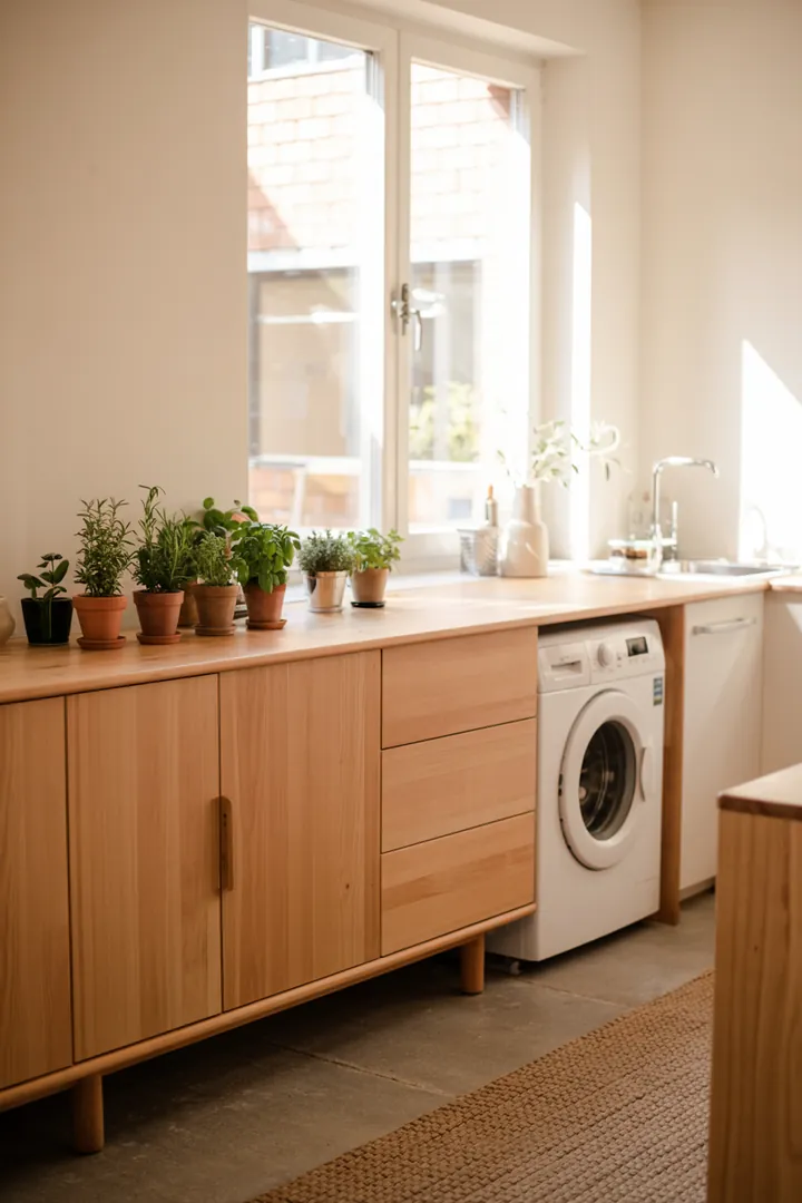 Ein eleganter Küchenschrank, der geschickt eine Waschmaschine verbirgt, sorgt für Ordnung und Stil in der modernen Küche.