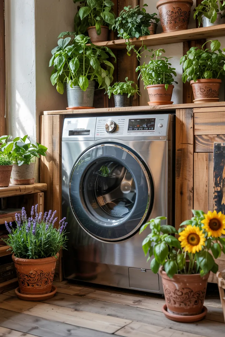 Ein clever gestalteter Raum mit einer diskret integrierten Waschmaschine, die in einer funktionalen Speisekammer verborgen ist. Ideal für kleine Wohnungen.