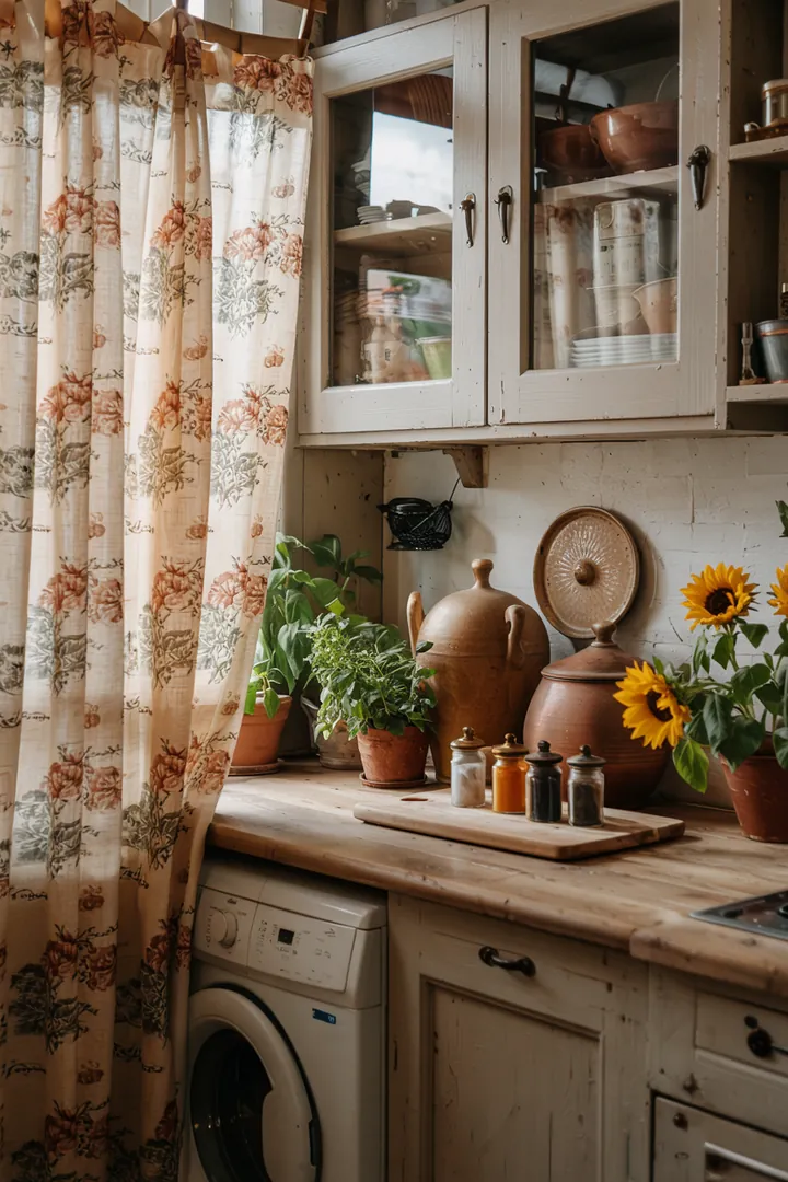 Eine kreative Lösung zur Integration eines Haushaltsgeräts in einem kleinen Raum, um Platz zu sparen und eine ordentliche Atmosphäre zu schaffen.