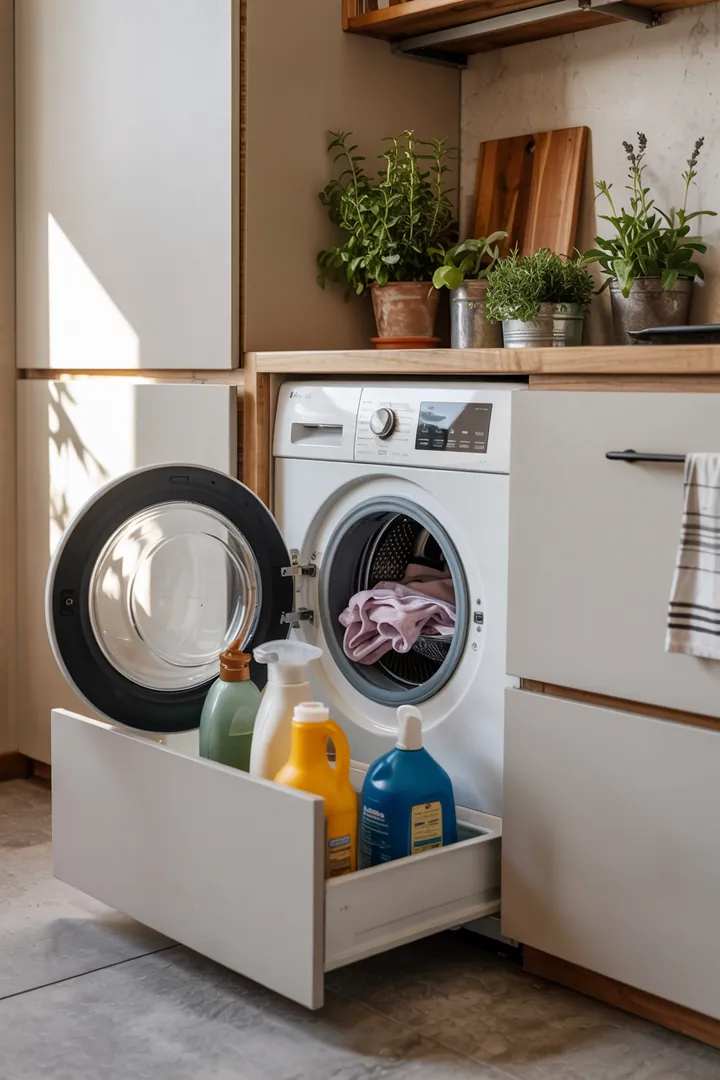 Ein durchdacht gestalteter Raum mit einer kompakten Reinigungslösung, die Haushaltsgeräte geschickt integriert, um Platz zu sparen und Ordnung zu schaffen.