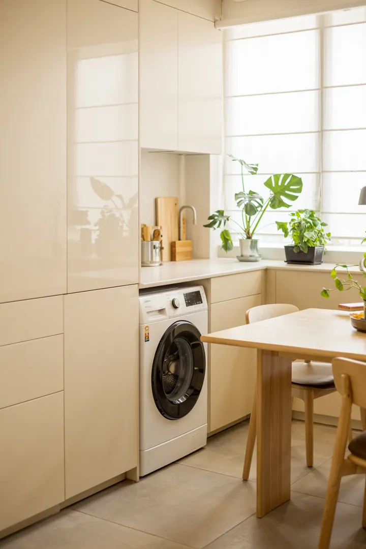 Ein clever gestalteter Raum, in dem ein Haushaltsgerät harmonisch integriert ist, um Platz zu sparen und eine ordentliche Atmosphäre zu schaffen.