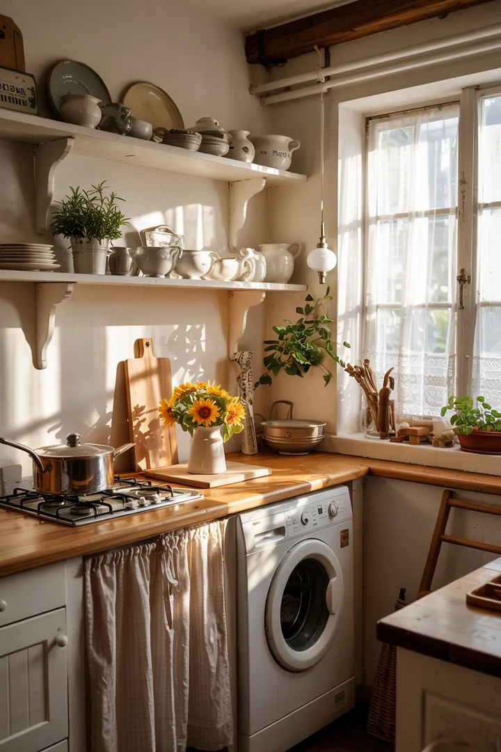 Ein unauffälliger Raum, in dem eine moderne Waschmaschine geschickt integriert wurde, um Platz zu sparen und den Ordnungssinn zu fördern.