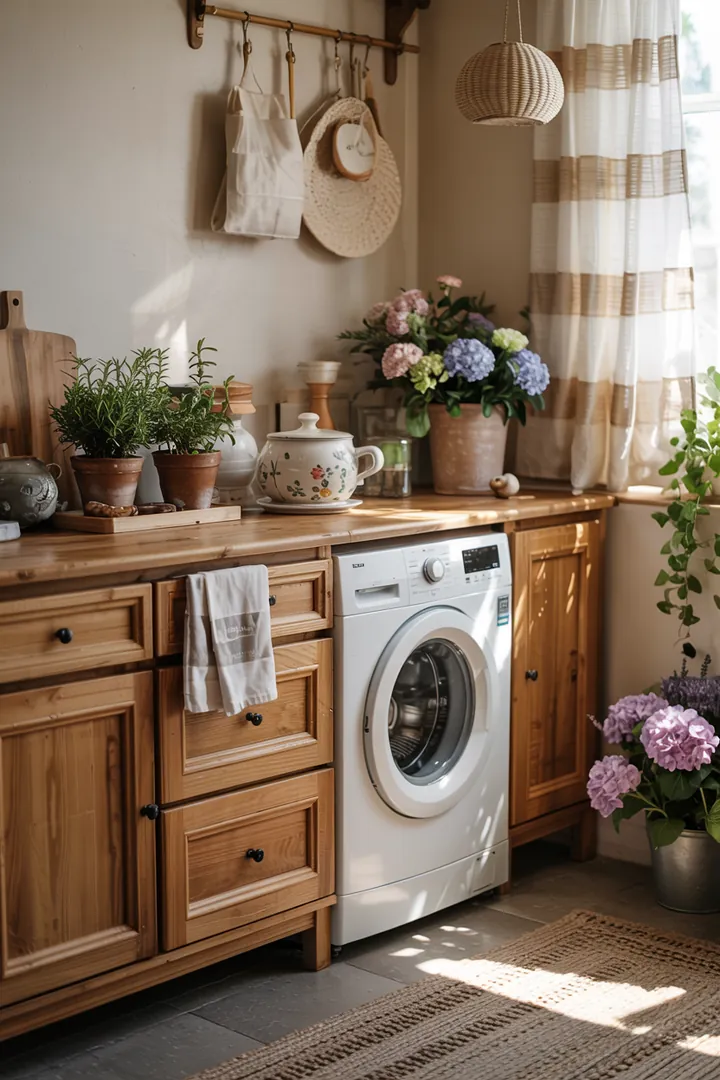 Ein stilvoller Raum mit einer clever integrierten Waschmaschine, die harmonisch in die Speisekammer eingebaut ist, um Platz zu sparen und Ordnung zu schaffen.