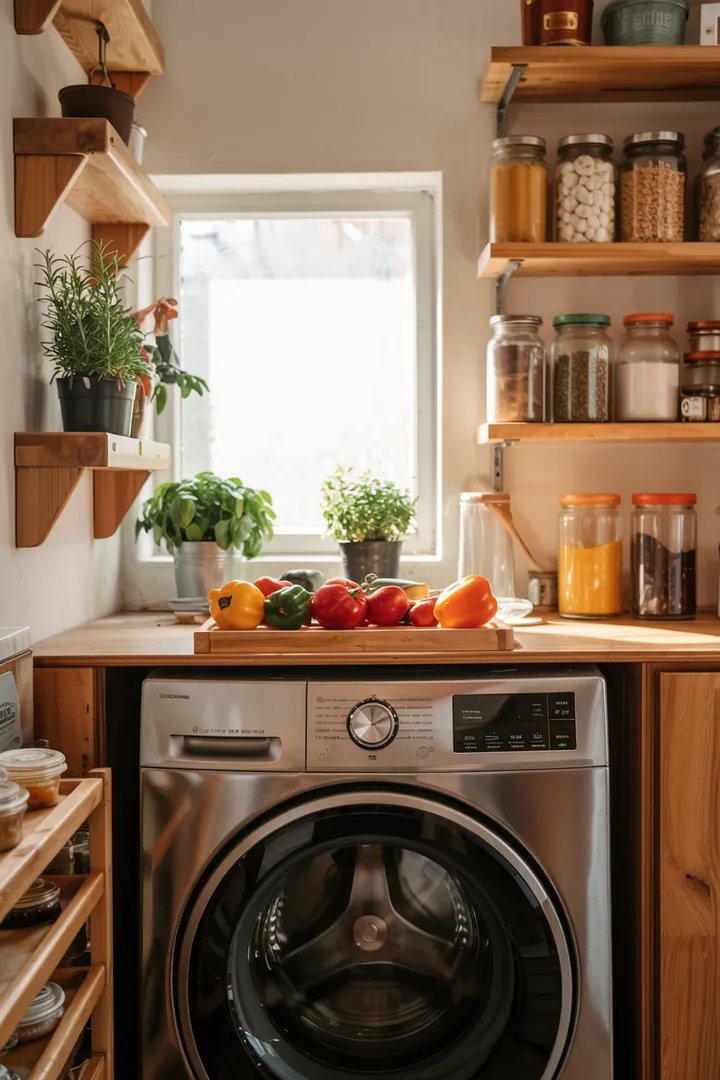 Ein stilvoller Raum, in dem eine Waschmaschine geschickt in einem eleganten Schrank untergebracht ist, um Platz zu sparen und Ordnung zu schaffen.