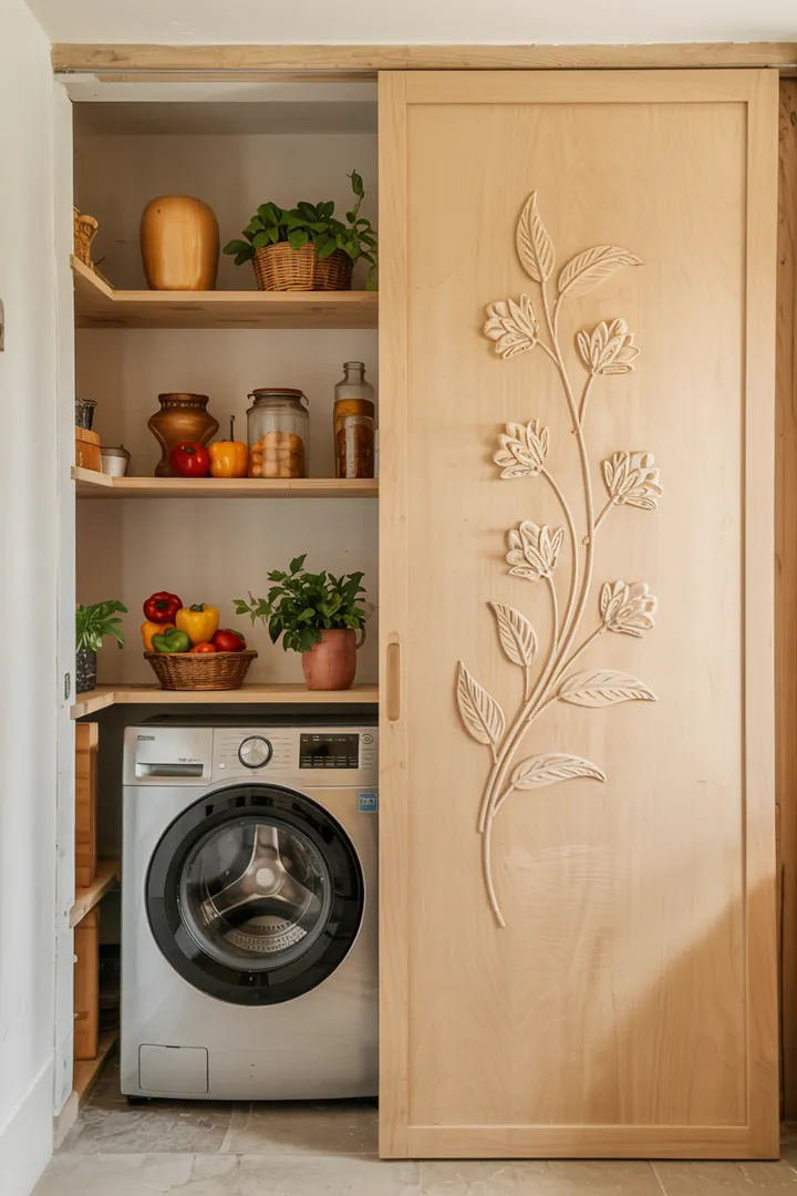 Ein stilvoll dekorierter Raum, in dem eine Waschmaschine geschickt in einem Schrank integriert ist, um Platz zu sparen und die Ordnung zu wahren.