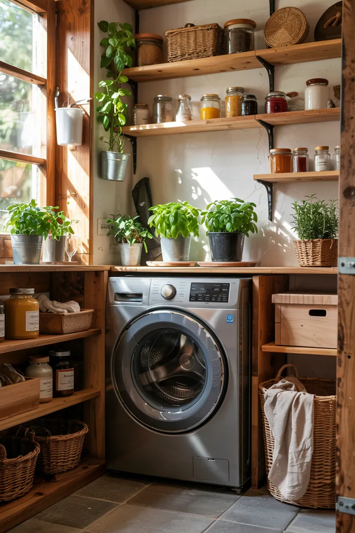 Ein stilvoller Raum mit einem cleveren Platz, wo eine moderne Waschmaschine diskret in einer praktischen Abstellnische untergebracht ist.