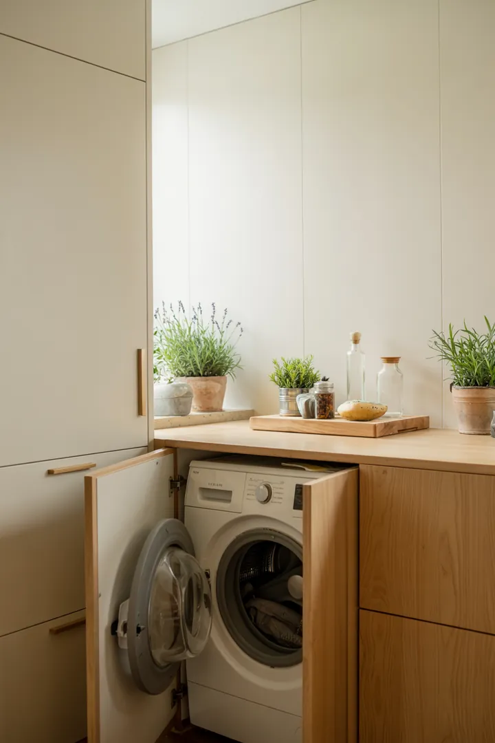 Ein stilvoller Raum mit cleverem Stauraum, in dem die Haushaltsgeräte unauffällig integriert sind, um Platz zu sparen und Ordnung zu schaffen.