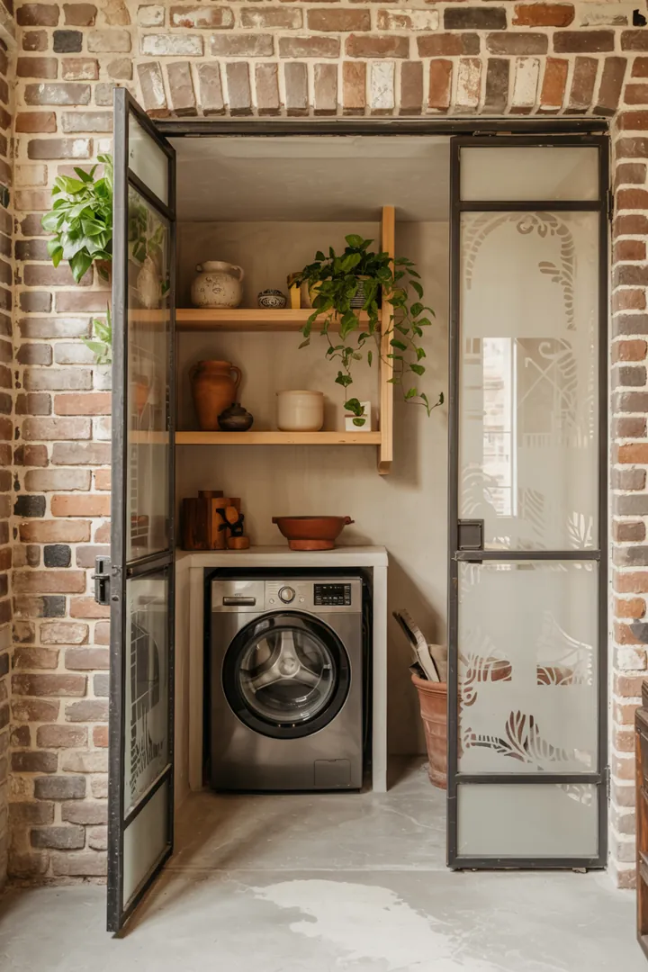 Ein eleganter Raum mit einer cleveren Platzierung für Haushaltsgeräte, wo eine Waschmaschine geschickt in einer Wandnische integriert ist, sorgt für Ordnung und Stil.