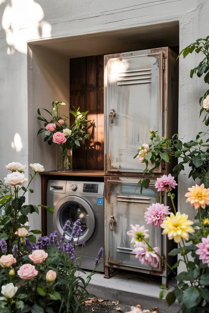 Ein stilvoller Raum mit einer clever integrierten Waschvorrichtung, die harmonisch in einer Wandnische verborgen ist, bietet Funktionalität und Ästhetik.