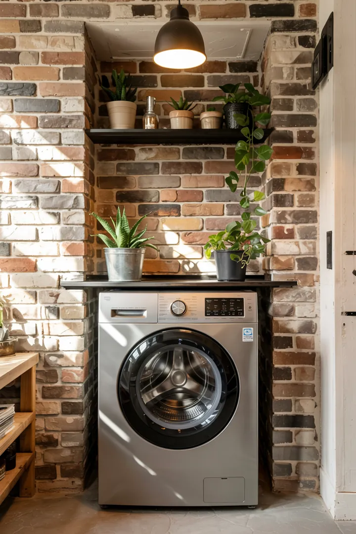 „Moderne Waschmaschine elegant in einer Wandnische integriert, um den Raum optimal zu nutzen und eine aufgeräumte Atmosphäre zu schaffen.“