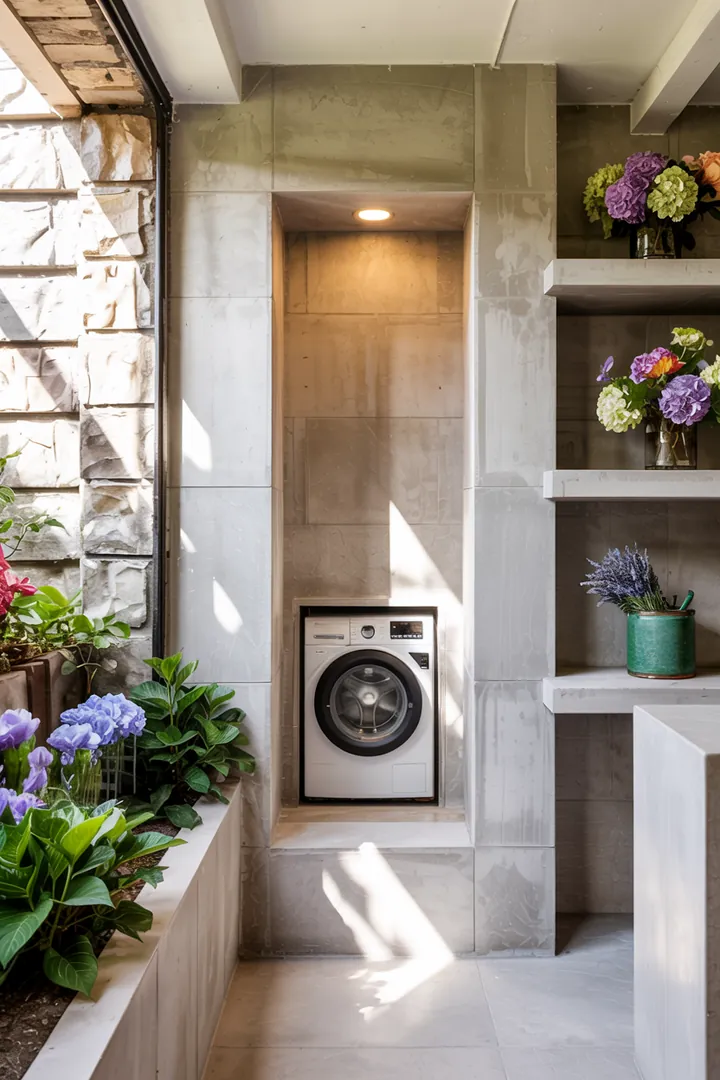 Ein praktischer Raum, in dem eine Waschmaschine geschickt in einer Wandnische integriert ist, schafft Ordnung und nutzt den Platz optimal.