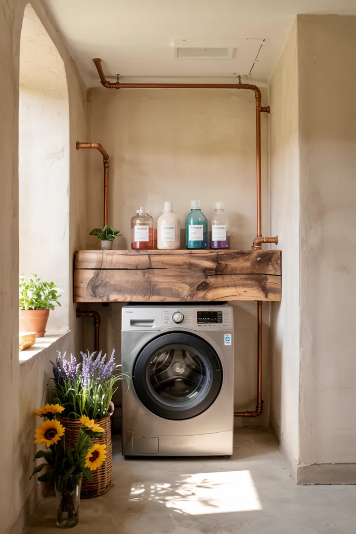 Ein elegantes, modernes Badezimmer mit einer clever integrierten Waschmaschine in einer Wandnische, die den Raum optimal nutzt und stilvoll ergänzt.