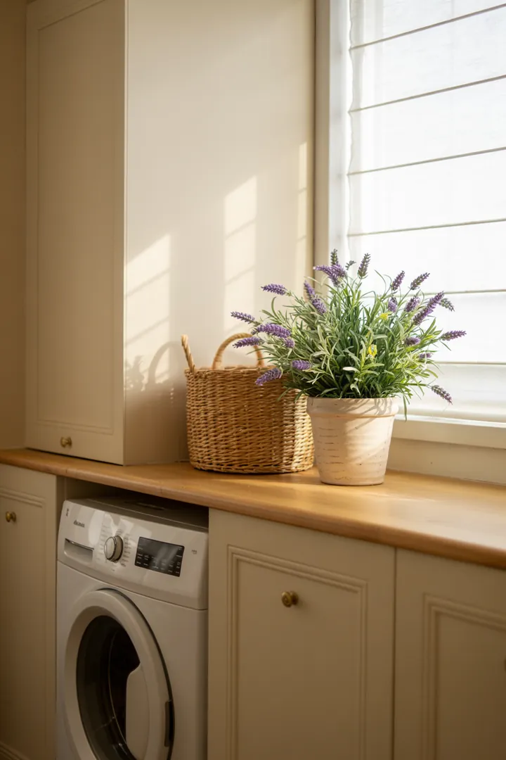 Ein elegantes Zuhause mit einer cleveren Lösung, die eine Waschmaschine in einer Wandnische integriert, sorgt für Ordnung und Stil im Raum.