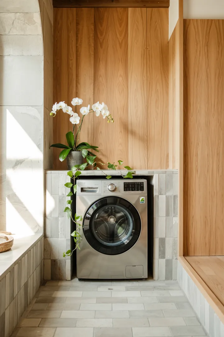 In einem modernen Badezimmer ist ein elegantes Gerät in einer cleveren Wandnische integriert, um den Raum optimal zu nutzen und Unordnung zu vermeiden.