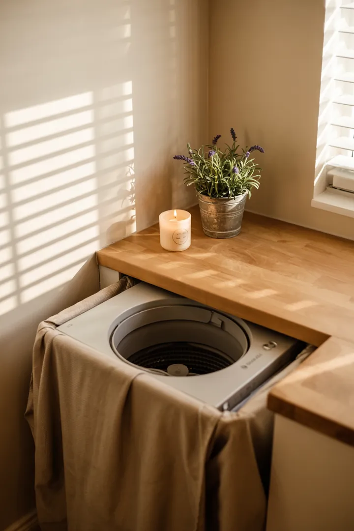 Ein elegantes Badezimmer mit einer cleveren Lösung, die ein Haushaltsgerät in einer integrierten Wandverkleidung verdeckt und somit für Ordnung und Stil sorgt.